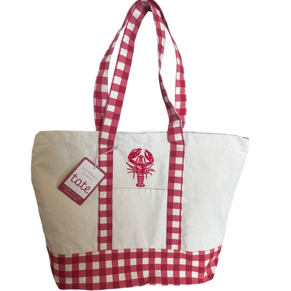 Red Lobster Gingham Red Ivory Large Reusable Eco-Friendly 100% Cotton Tote Bag